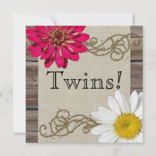 Rustic Country Flowers Wood Twin Baby Shower Invitation