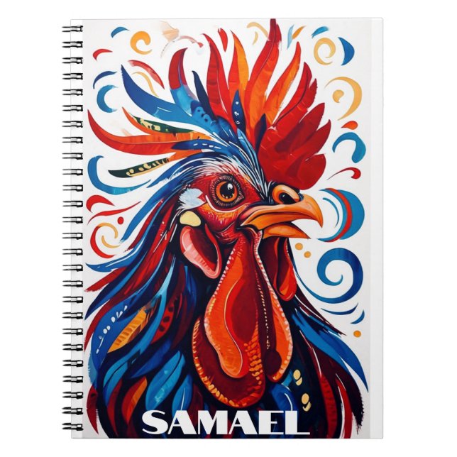 Rustic Country Folk Rooster Chicken Red Blue Name Notebook (Front)