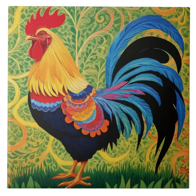 Rustic Country Folk Rooster Chicken Tile (Front)