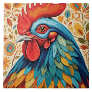 Rustic Country Folk Rooster Chicken Tile