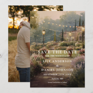Rustic Country Garden String Lights Photo Wedding Save The Date