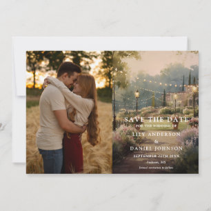 Rustic Country Garden String Lights Wedding Photo Save The Date