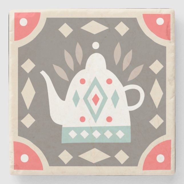 Rustic Country Geometric Colourful Tea Kettle Stone Coaster (Front)