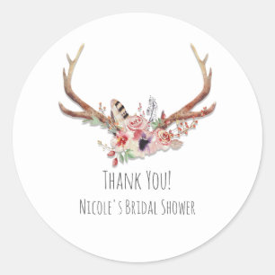 Rustic Country Glam Flowers & Antlers Boho Favour Classic Round Sticker