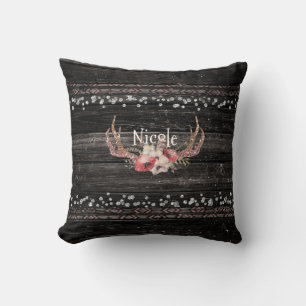 Rustic Country Glam Flowers & Antlers Chic Boho Cushion