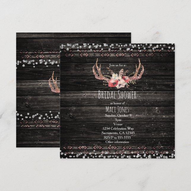 Rustic Country Glam Flowers & Antlers Invitation (Front/Back)