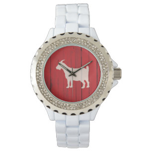 Rustic Country Goat Red Wood Panel Watch