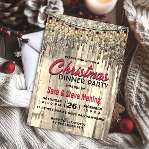 Rustic Country gold glitter drips Christmas lights Invitation