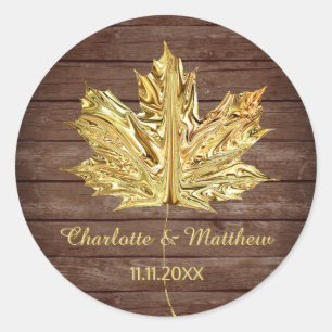 Rustic Country Gold Leaf Fall Autumn Wedding Classic Round Sticker