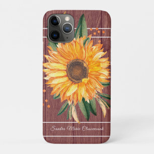 Rustic Country Golden Sunflower Brown Wood iPhone 11 Pro Case