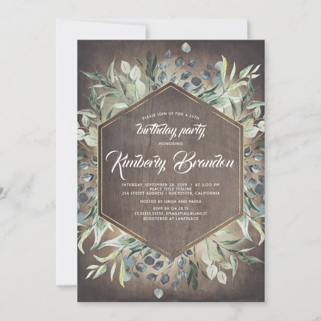 Rustic Country | Greenery Gold Frame Birthday Invitation (Front)