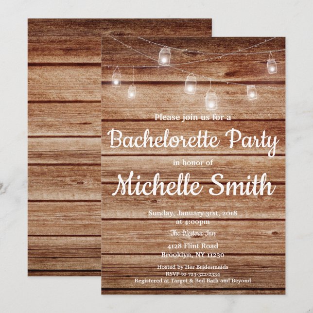 Rustic Country Hanging Lights Bachelorette Party Invitation (Front/Back)