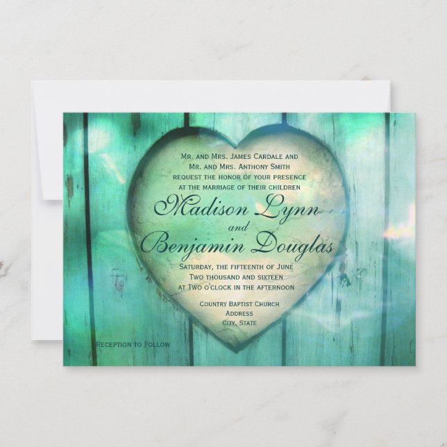 Rustic Country Heart Aqua Wood Wedding Invitations (Front)