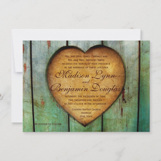 Rustic Country Heart Barn Wood Wedding Invitations (Front)