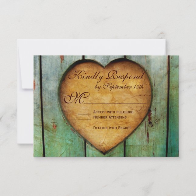 Rustic Country Heart Barn Wood Wedding RSVP Cards (Front)