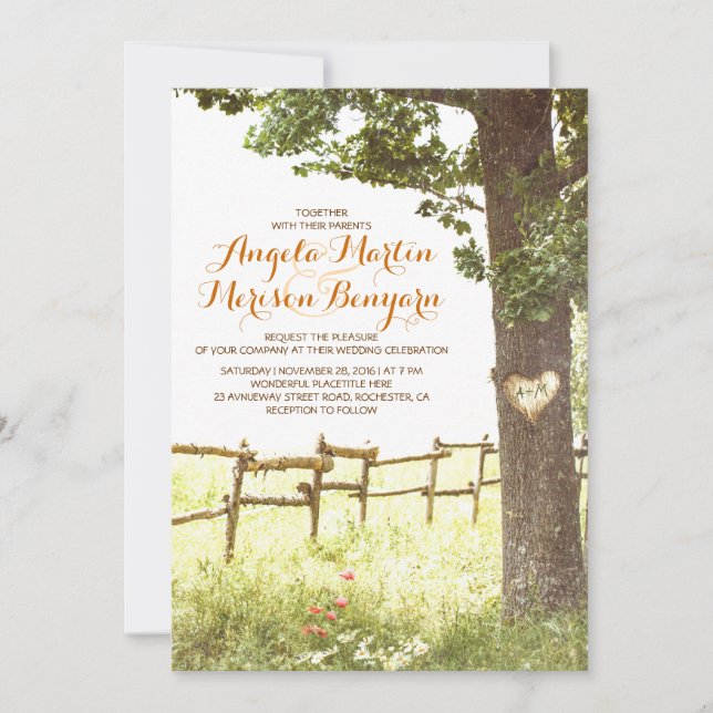 rustic country heart tree wedding invitation (Front)