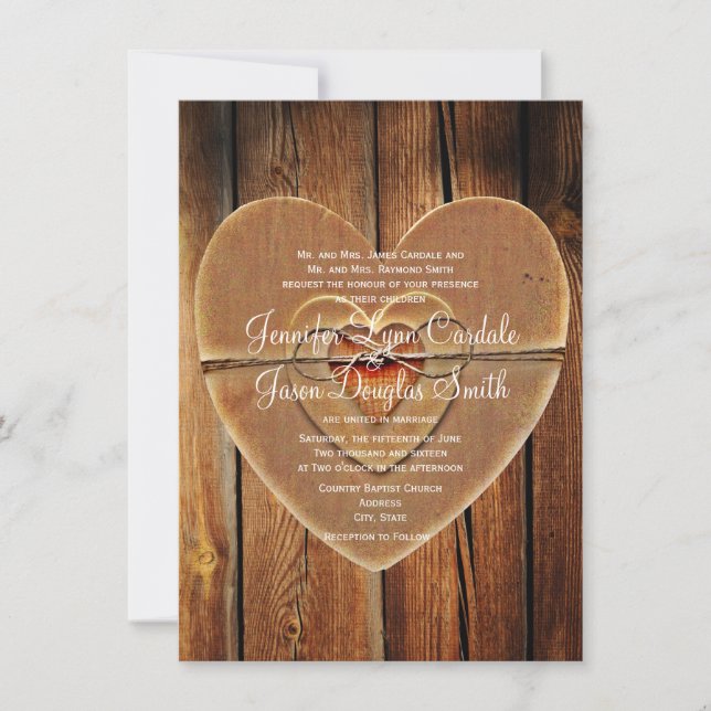 Rustic Country Hearts Barn Wood Wedding Invitation (Front)