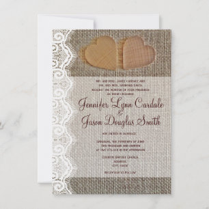 Rustic Country Hearts Burlap Lace Wedding Invites