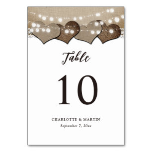 Rustic Country Hearts Burlap String Lights Wedding Table Number