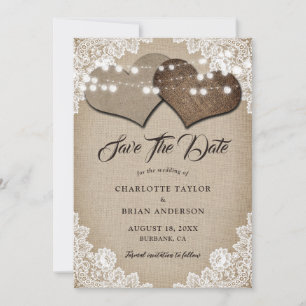 Rustic Country Hessian Hearts Floral Lace Wedding Save The Date