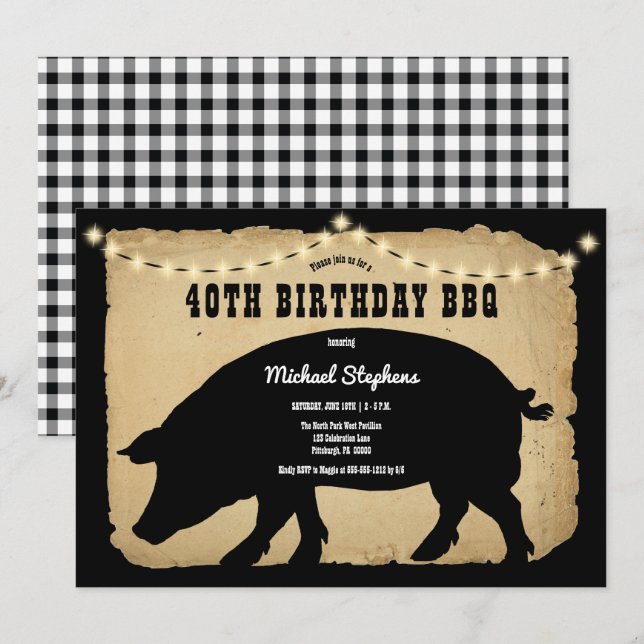 Rustic Country Hog 40th Birthday Barbeque - BBQ Invitation (Front/Back)
