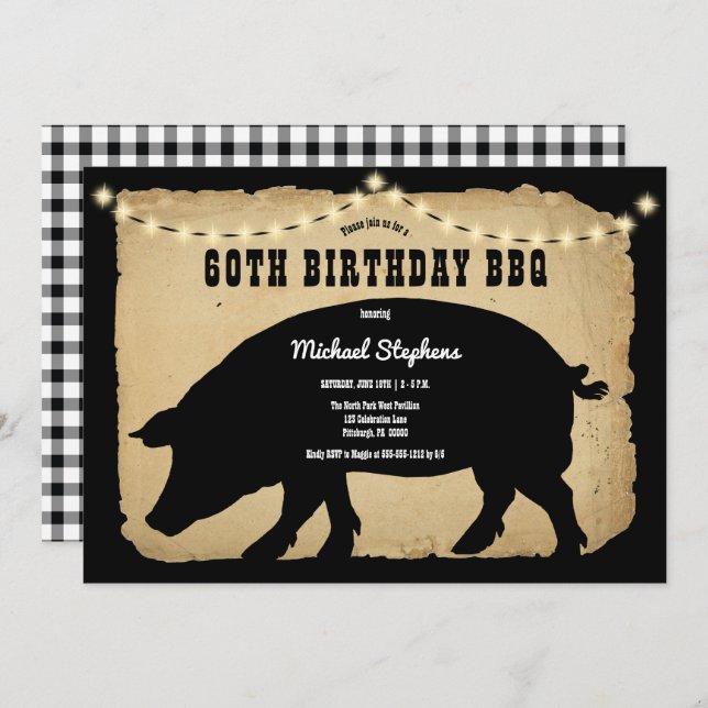 Rustic Country Hog 60th Birthday Barbeque - BBQ Invitation (Front/Back)