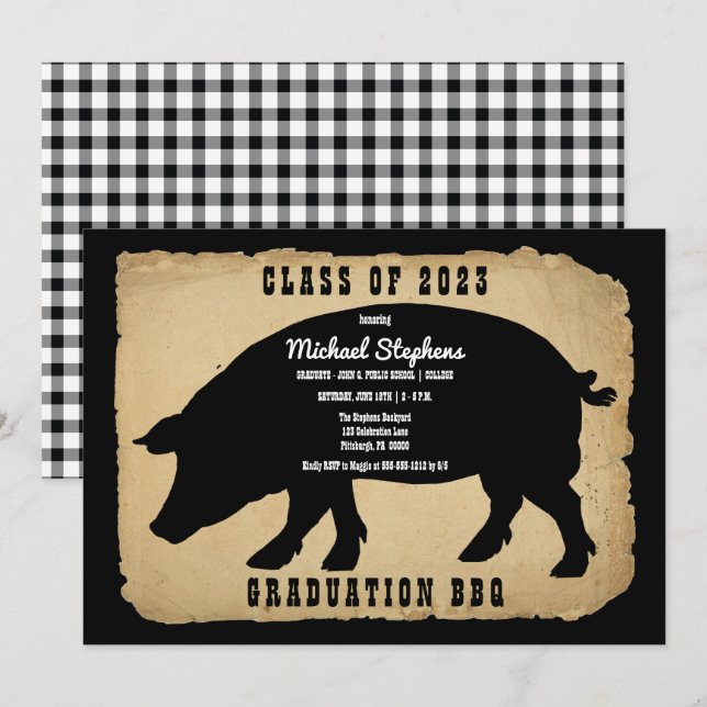 Rustic Country Hog Graduation Party - Backyard BBQ Invitation (Front/Back)