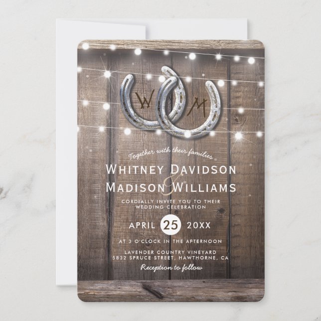 Rustic Country Horseshoe Barn Lights Wedding Invitation (Front)