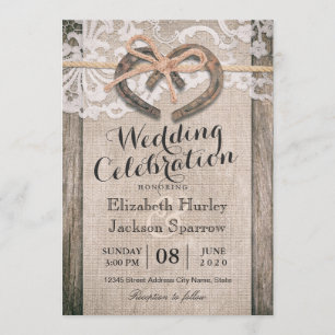 Rustic Country Horseshoe Burlap Lace Wedding Invitation
