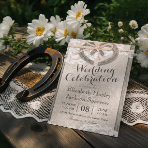 Rustic Country Horseshoe Burlap Lace Wedding Invitation