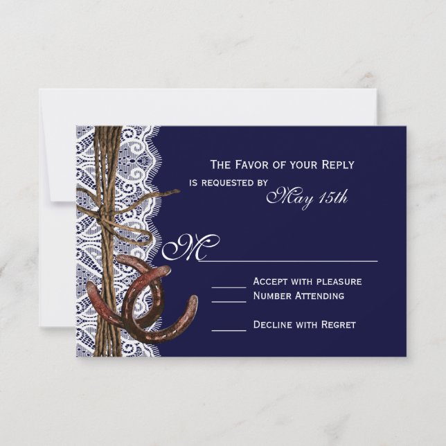 Rustic Country Horseshoe Navy Wedding RSVP Cards (Front)