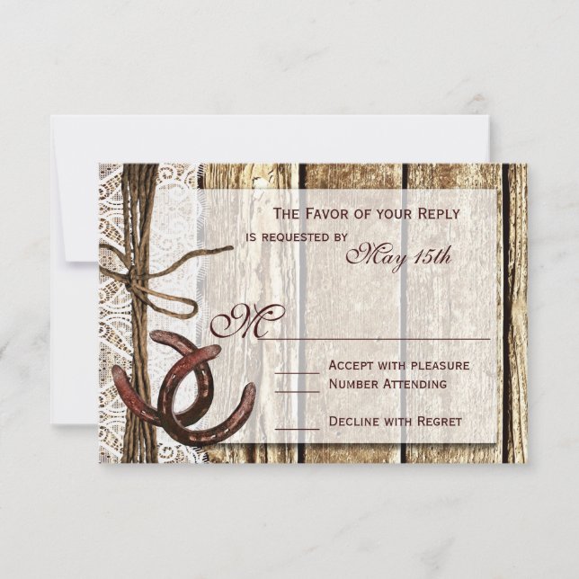 Rustic Country Horseshoe Wood Wedding RSVP Cards (Front)