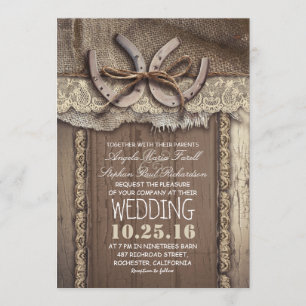Rustic Country Horseshoes and Burlap Lace Wedding Invitation