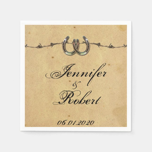 Rustic Country Horseshoes Barbed Wedding Napkin (Front)