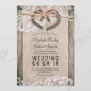 Rustic Country Horseshoes Burlap Lace Barn Wedding Invitation