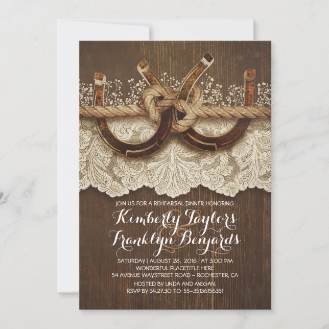 Rustic Country Horseshoes Couple Rehearsal Dinner Invitation (Front)