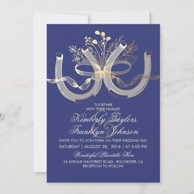Rustic Country Horseshoes Gold and Navy Wedding Invitation (Front)