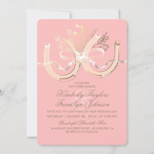 Rustic Country Horseshoes Gold and Pink Wedding Invitation (Front)