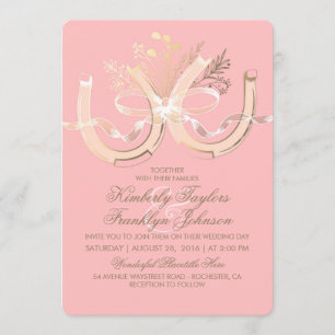 Rustic Country Horseshoes Gold and Pink Wedding Invitation