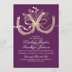 Rustic Country Horseshoes Gold and Plum Wedding Invitation