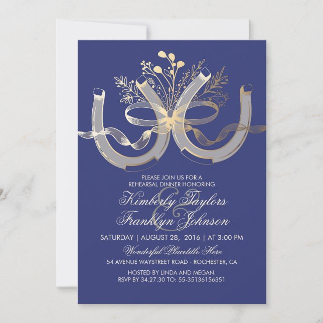 Rustic Country Horseshoes Gold Rehearsal Dinner Invitation (Front)