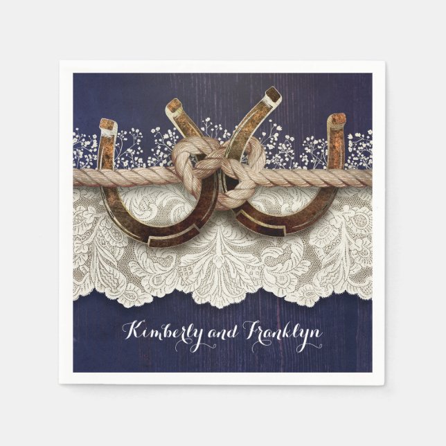 Rustic Country Horseshoes Lace Wood Navy Wedding Napkin (Front)