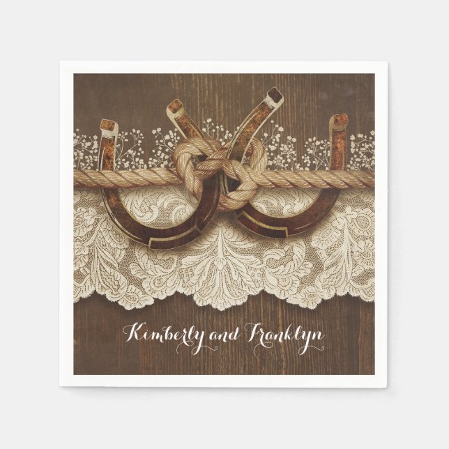 Rustic Country Horseshoes Lace Wood Wedding Napkin (Front)