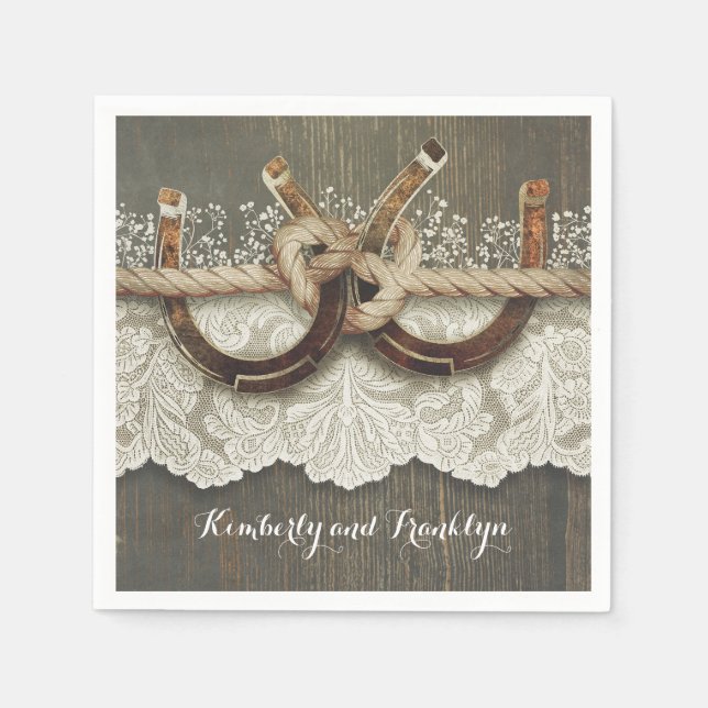 Rustic Country Horseshoes Lace Wood Wedding Napkin (Front)