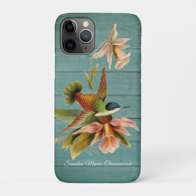 Rustic Country Hummingbird floral Green Wood Case-Mate iPhone Case (Back)