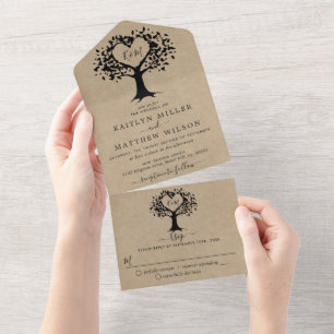Rustic Country Kraft Monogram Heart Tree Wedding All In One Invitation