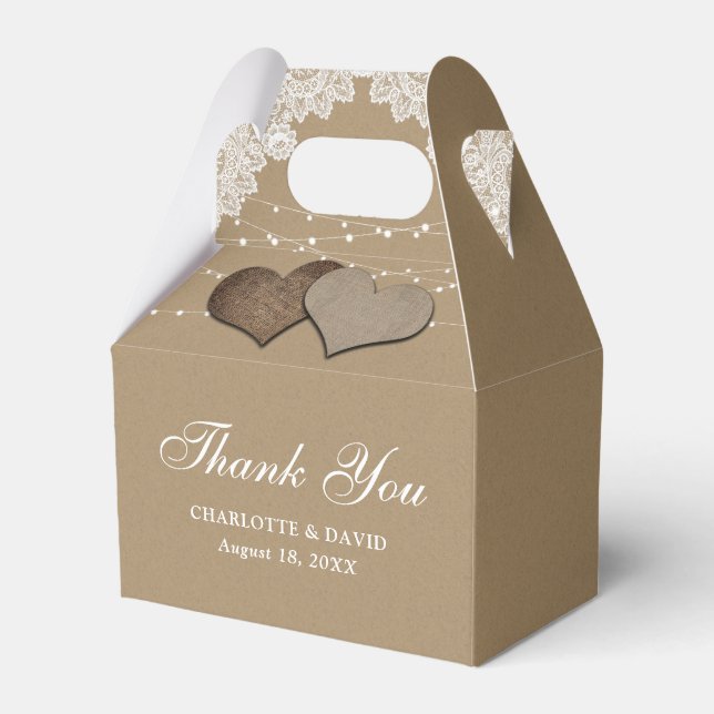 Rustic Country Kraft Paper Lace Lights Wedding Favour Box (Front Side)