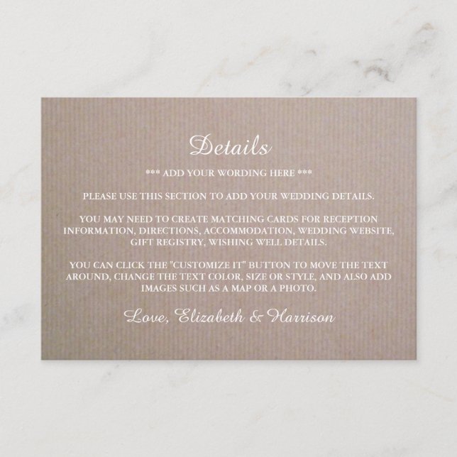 Rustic Country Kraft Wedding Detail Enclosure Card (Front)
