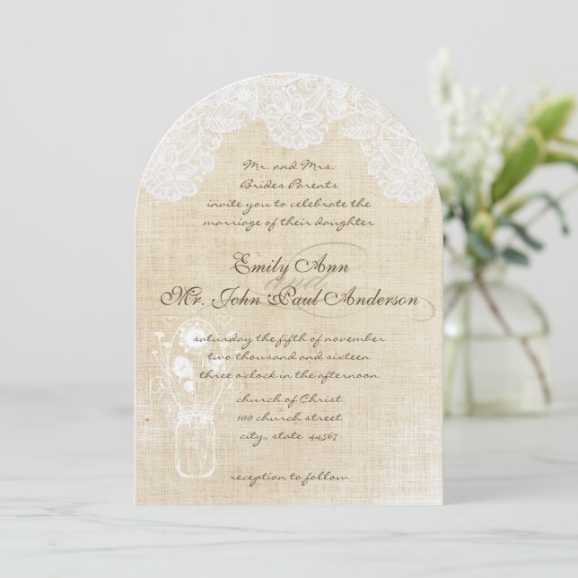 Rustic Country Lace and Burlap Wedding Invitations (Standing Front)