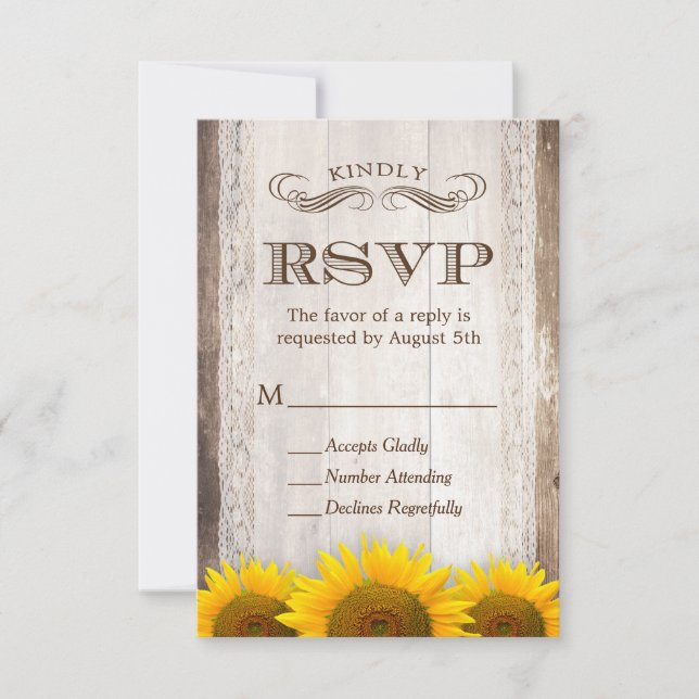 Rustic Country Lace Barn Wood Sunflower RSVP Card (Front)